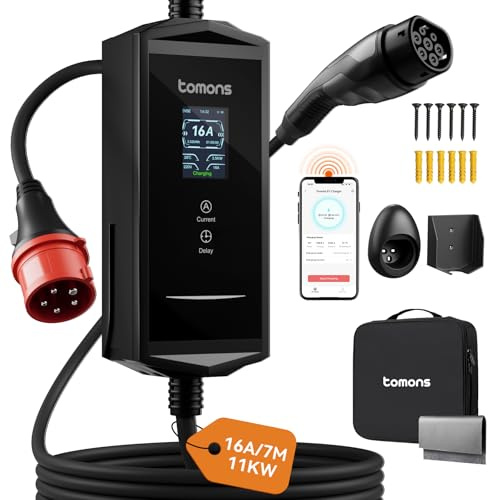 tomons Mobile Wallbox 11kw mit APP 7M,2,4 LCD-Display,3-Phasen|6-16A