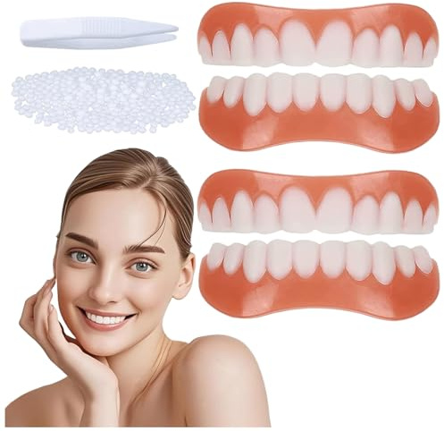Facette Dentaire Cosmétique 2 Paires, Sûr et Confortable Immédiat Sourire Dents de Placage Haut et Bas avec Perles Adhésives Thermiques Pour Restauration Temporaire de Défauts Dentaires