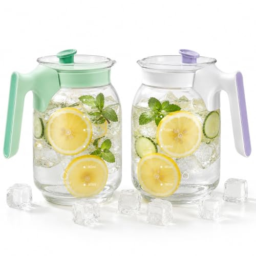 2 caraffa in vetro con coperchio, 1,8 l, in vetro con filtri, caraffa per acqua, quarzo pietra, vetro, caraffa per acqua, caraffa resistente al calore, per bevande calde e fredde e fatti in casa