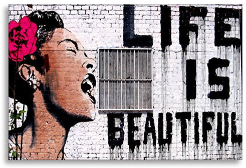 Leinwanddrucke fertig zum Aufhängen Druck auf leinwand Banksy Graffiti - Bild Life is Beautiful ! (div. größen) Bild fertig auf Keilrahmen ! Pop Art Gemälde Kunstdrucke, Wandbilder, Bilder (50x70cm)