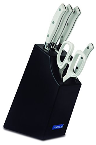 Arcos Serie Riviera Blanc - Juego de Cuchillos de 5 piezas en Caja de Regalo (4 Cuchillos + 1 Tijeras) - Hoja de Acero Inoxidable Forjado NITRUM - Mango de Polioximetileno (POM) - Bloque de madera de color negro lacado