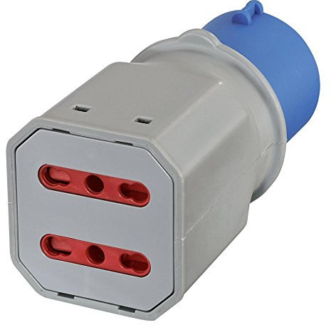 Electraline 80956 Adattatore multipresa 2 Prese bivalenti 10/16A Spina a 3 Poli Industriale IEC Adatto per Camper, Campeggio, Caravan, Barca, Cantiere, Grigio