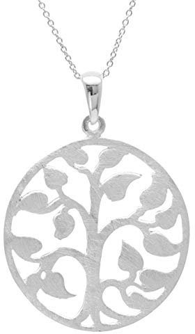 Silverly Women's 925 Sterling Silver Satin Finish Tree Ivy Leaf Circle Pendant Chain Necklace, 46cm