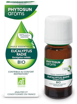 PHYTOSUN AROMS - Huile Essentielle Eucalyptus Radié Bio - HEBBD - 100% Pure & Naturelle - 100% Bio - Contribue au Confort Respiratoire - Analysée & Conditionnée en France - 10 ml