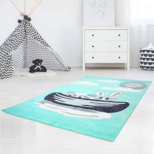 Kinderteppich Tiere Mint - 140x200 cm - Teppich Waschbär, Hase im Boot Kinderzimmer