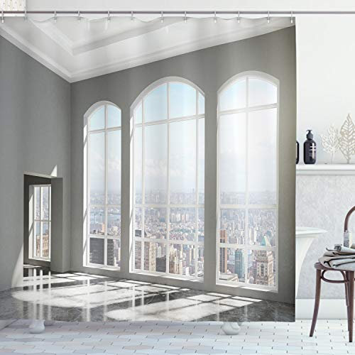 ABAKUHAUS Städtisch Duschvorhang, Sonnenuntergang in New York City, Stoffliches Gewebe Badezimmerdekorationsset mit Haken, 175 x 180 cm, Weiß