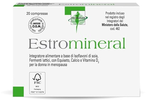 Estromineral, Integratore Menopausa Favorisce il Drenaggio, 20 Compresse con Isoflavoni di Soia, Fermenti Lattici, Equiseto, Calcio e Vitamina D3, Senza Glutine e Senza Lattosio