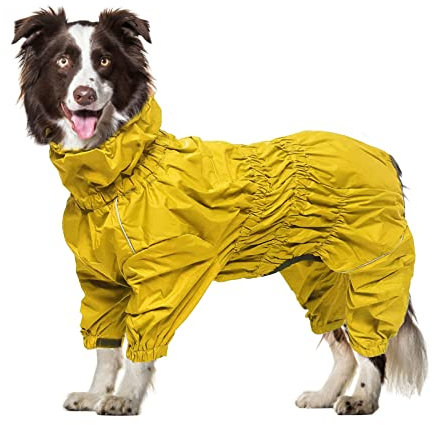 Geyecete -Regenmantel für hunde mit vier Beinen,Hunde Regenjacken Hosenanzug mit Geschirr loch, reflektierender vollwickel elastisch wasserdicht mantel fur Groß mittel und klein hunde -Gelb-XXL