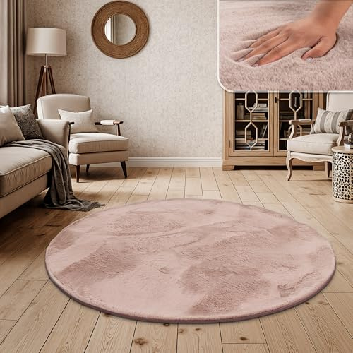 Paco Home Hochflor Teppich Wohnzimmer Schlafzimmer Shaggy Modern Flauschiger Fellteppich Weich Fell Imitat Kunstfell Einfarbig, Grösse:120 cm Rund, Farbe:Pink