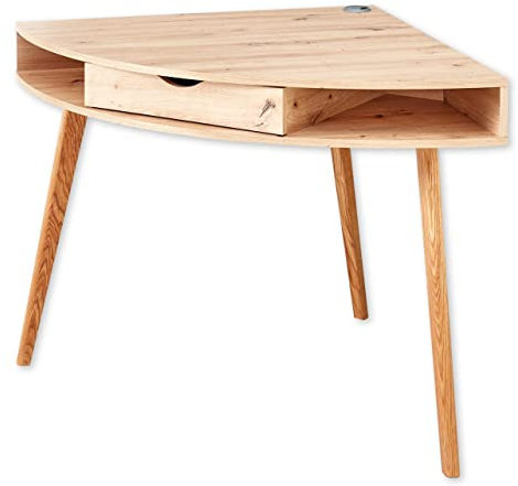 Stella Trading INNO4HOME Eckschreibtisch in Artisan Eiche Optik, Eiche - Platzsparender Computertisch mit Kabeldurchführung und Massivholz Füßen - 90 x 76 x 90 cm (B/H/T)