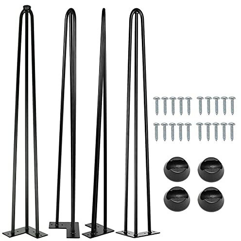 4 x Hairpin Table Legs Set Metal Steel Legs Mid Century Modern Style with FREE Feet Protector & Screws for Furniture Bench Desk DIY Project (28inch/71cm, 3Rods)