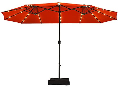 TANGZON 4.6x2.8m Double-Sided Patio Umbrella, Garden Parasol with Base, 36 Solar LED Lights & Crank System, Outdoor Market Twin Umbrella for Poolside, Backyard, Lawn and Deck (Orange)