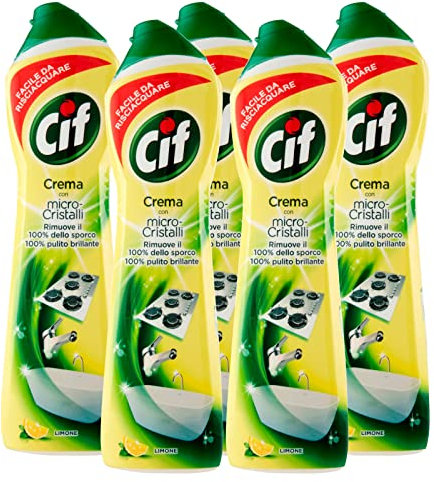 5 x Cif Reinigungscreme mit Zitronenduft mit Mikro-Kristallen für verschiedene Oberflächen – 5 Flaschen à 500 ml