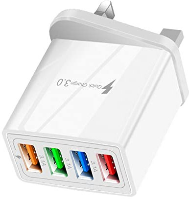 Multi USB Plug Charger UK, 4-Port USB Wall Charger Plug, QC 3.0 3.1A Fast Charging Power Adapter with Smart Device-Adaptive Quick Charging Technology for All Smartphone