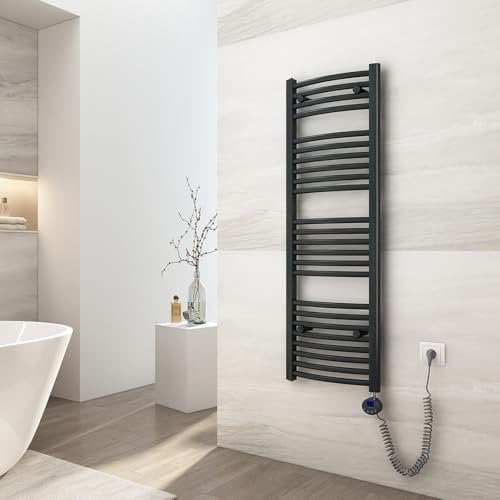 EMKE Radiatore da Bagno, 120 x 40cm, 500W, Scaldasalviette con Termostato, Curvo, Antracite colore, Termoarredo Asciugamani da Bagno