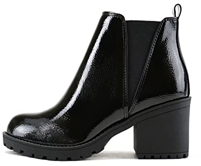 Soda ORIGAMI ~ WOMEN LUG SOLE MID HEEL FASHION ANKLE BOOTIE W/DOUBLE ELASTIC GORE (7, Black Crk Patent, numeric_7)