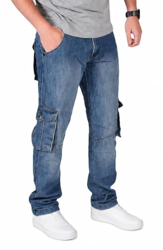 True Face Men's Cargo Combat Jeans Regular Fit Denim Multi-Pocket Jeans