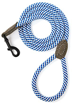 Mile High Life Rope Leash with Genuine Leather Connection, 6 FT/5 FT/4 FT, Heavy Duty Leash for Medium & Large Dogs(Blue White,72 Inch-1/2)