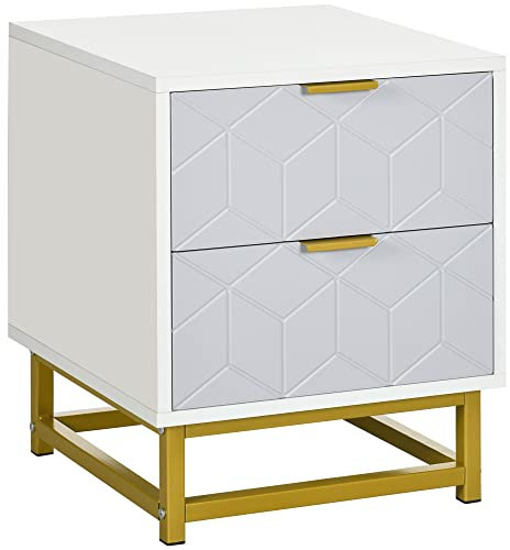 HOMCOM Bedside Table with 2 Drawers, Side Table, Bedside Cabinet with Steel Frame for Living Room, Bedroom, Grey and White