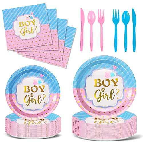 Nkaiso Bleu et Rose Gender Reveal Vaisselle, 144Pcs Baby Shower Assiette Kit Bébé Girl Or Boy Révélation Party Decoration, Fête Assiettes Carton Gobelet Serviettes Réutilisable Vaisselle - 24 invités