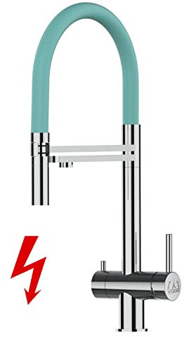 Niederdruck 3 Wege Wasserhahn Edelstahl MASSIV Küchenarmatur Spültischmischer Reinstarmatur VZFX, Edelstahl Hochglanz, mit 360° schwenkbarem Türkis Auslauf, abnehmbare 2 strahl Handbrause