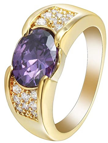 Stfery Ring Gold, Ring Frauen Vergoldet Ovales Lila 52 Zirkonia Modeschmuck Cocktail Party Elegant Jahrestag Geschenk
