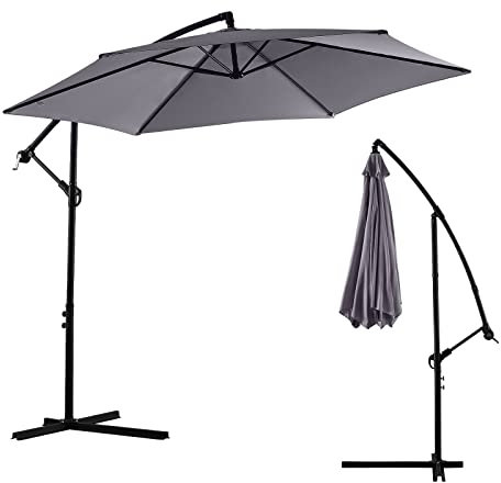 LEMROE Parasol banane de 3 m avec base croisée robuste, parasol déporté avec poignée, idéal pour la plage, 6 baleines robustes, Gris 1, 3M UK