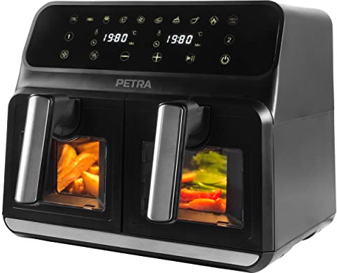 Petra PT5196GWVDE Freidora de aire dual de 7,6 l - 2 cajones con ventanas, 2 bandejas XL antiadherentes para cocinar por separado, sincronización y coincidencia, 10 funciones de cocción, 1700 W