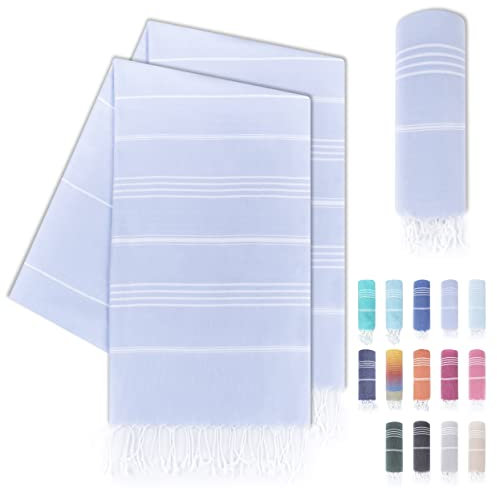 LAYNENBURG 2er-Set Premium Hamamtuch mit handgeknüpften Fransen - 100% Baumwolle - XXL Strandtuch 100x200 cm - Oeko-TEX 100 - Strandhandtuch groß - Saunatuch & Reisehandtuch (Hellblau)