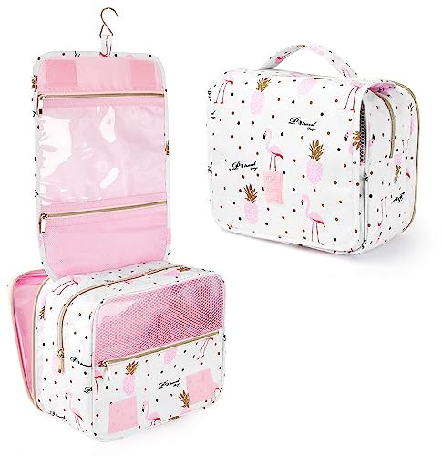 Dizdvizd Trousse de Toilette pour Femme, Sac de Toilette avec Crochet à Suspendre, Vanity de Voyage Pliable Trousse Maquillage pour Fille - Flamant