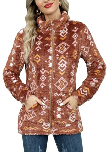 BesserBay Winter Damen Warm Taschen Reißverschluss Stehkragen Fleece Jacke Alltag Elegant Plüschjacke Braun Rostrot XL