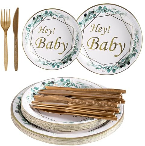 80 Stk Babyparty Deko Junge Neutral Mädchen Partygeschirr Set, einschließlich 40 x Papier Party Teller(7 Zoll/9 Zoll),20 Baby Shower Party Messer Gabel für Baby Shower Gender Reveal Party Deko