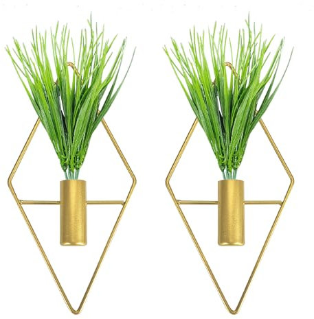 Triangle and Rhombus Shapes Metal Hanging Planters Vase with Artificial Aquatic Plants Geometric Wall Decor Indoor Plants Holder for Home Living Room Porch Office (2PCS, Gold)