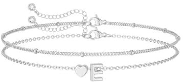 LAXPICOL Silver Initial Letter Bracelet For Women&Girl,Adjustable Personalized Heart Bracelets For Women,Layered Chain Jewellery Christmas Birthday Gift For Daughter Sisters Mum-(Initial E)