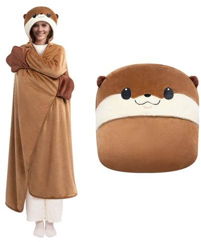 Mewaii Tragbare Decke mit Kapuze und Ärmeln im Otter Design Kuscheldecke mit Handschuhen Weiche Flanell Sherpa Decke für Damen und Herren Ideal für Zuhause Reisen und Tierliebhaber