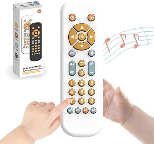 1 Year Old Baby Toys Gift, Baby TV Remote Control Toy with 3 Languages, Sensory Toy with Sound and Light, Early Learning Toy Gift for 1 2 3 Year Old Boy Girl (White)