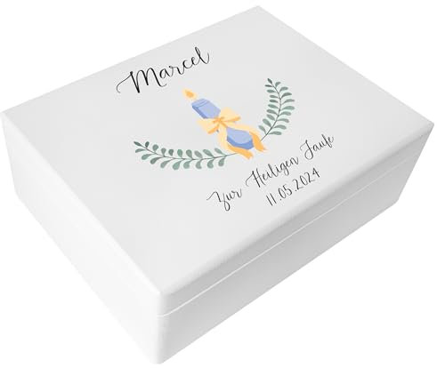 Creative Deco Weiß Personalisiert zur Taufe Geschenk für Mädchen und Junge | Kerze Motiv | Holzkiste Erinnerungsbox Deko | Individuelles Geschenk Spielzeugkiste Holzbox mit Deckel | Spardose