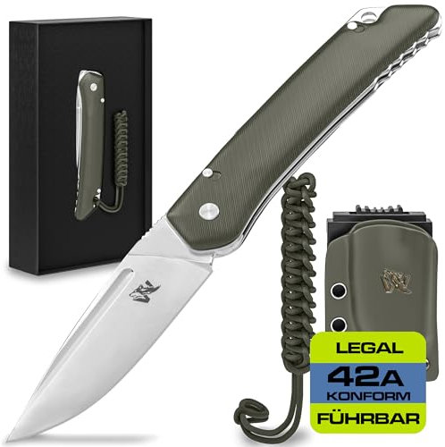 Wolfgangs CULTRO Zweihandmesser Klappmesser aus feinstem D2 Stahl und Ebenholz-Griff - Legale mitführbares Taschenmesser Klappmesser - Outdoor Survival Messer - Klappmesser Outdoor + Leder Holster