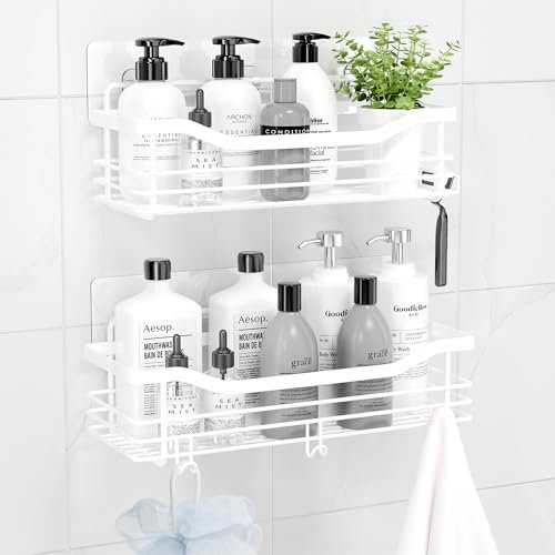 Orimade Duschablage ohne Bohren SUS304 Edelstahl Duschregal mit 5 Haken Duschkörbe für Bad Küche Toilette 2 Stück Weiß