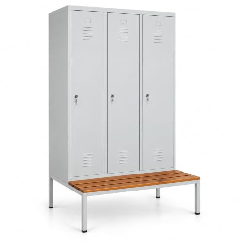 Schrank & Stuhl – Metallspind mit 3 Abteilen, Trennwand und Sitzbank - 40cm Abteilbreite, 220x120x80cm, Schließfachschrank mit Hutboden & Zylinderschlössern, Grau