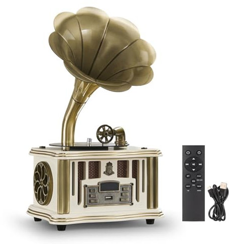 Retro Phonograph Record Player, Nostalgic Vintage Gramophone with Wireless Bluetooth Speaker and FM Radio for Cell Phones, Tablets, Laptops,White