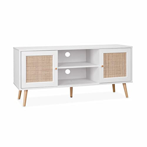 Alice's Home - Meuble TV en cannage 120x39x56.5cm - Bohème - Blanc. 2 Niveaux. 2 étagères. 2 Portes. Pieds scandinaves