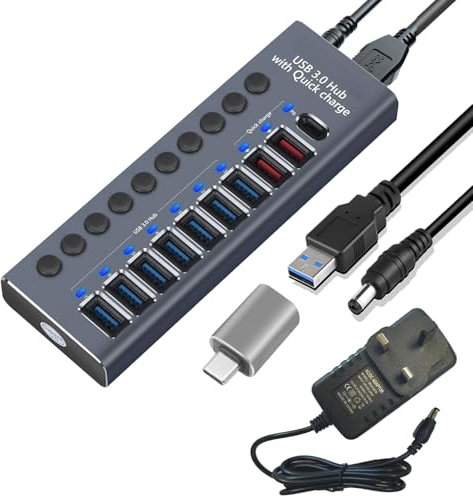 Balabaxer 10 Port Aluminium USB 3.0 Hub with charging function, 72W (24V/3A) power adapter, individual power switches