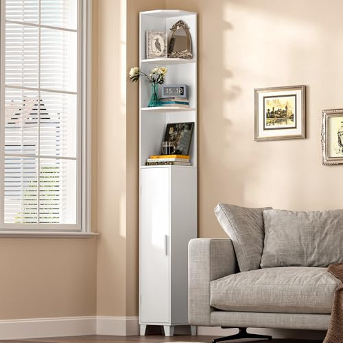 MOHOPE Eckregal mit Schrank, 75 Zoll hoher Eckschrank mit Tür, 5-stöckiges schmales Bücherregal mit verstellbaren Regalen, Vitrine für Wohnzimmer, Badezimmer, Küche, kleiner Raum, Weiß