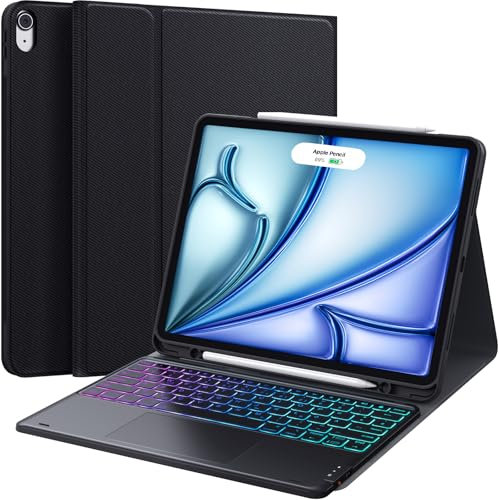 CHESONA Tastatur Hülle für iPad Air 13 Zoll (M2,2024/M3,2025), 3-Zonen 7-Farben Beleuchtung, iPad Air 13 Tastatur mit Trackpad, 2 BT Kanäle, Abnehmbare Magnetische Deutsche QWERTZ Layout, Schwarz