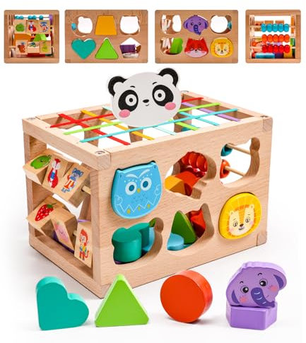 Holzspielzeug Formsortier ab 1 Jahr, Sortierspiel Montessori Steckwürfel, Spielzeug Lernspiele Kinderblöcke, mit 12 Steckbausteinen und Perlen zählen, Steckspiel Holz Geschenk für Kinder ab 1 2 3 Jahr