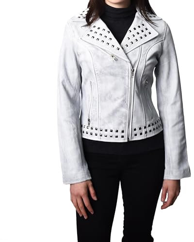Damen Biker-Lederjacke im Gothic-Stil, Nieten-Stil, mit Reißverschluss, Petra, vintage white, S