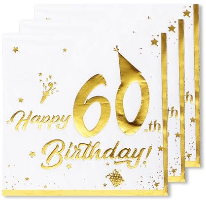 ParPix 20 Stück Servietten 60. Geburtstag Deko, 33x33cm, Weiß und Gold, 2-lagig, Servietten