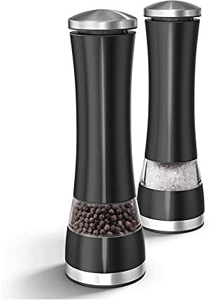 IPWVNFKA Electric Salt and Pepper Grinder Set - Automatic, Battery Operated Stainless Steel Spice Mills with Light - One Handed Push Button Peppercorn Grinders and Sea Salt Mills, 2Pcs