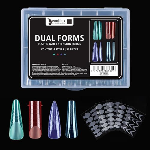 Beautilux 96 Pièces Formes d'Ongles Doubles pour Acrygel Ongle, 12 Tailles, 4 Formes, PMMA Dual Nails Form avec 60 Film à Ongles Autocollants pour Acrygel (DF-2458C)